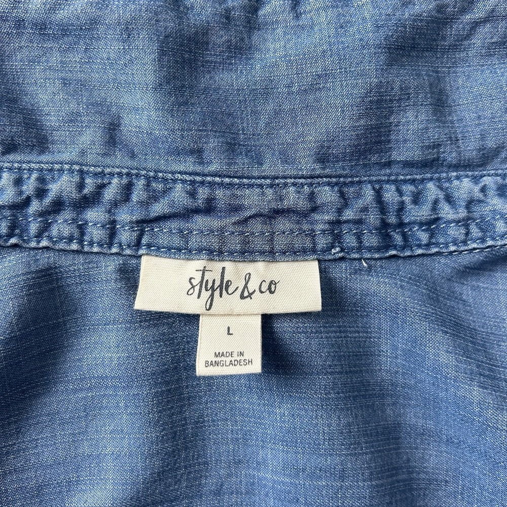 Style & Co Womens Blue Denim Button-Up Shirt Top Size L Roll-tab Sleeves - Picture 3 of 9